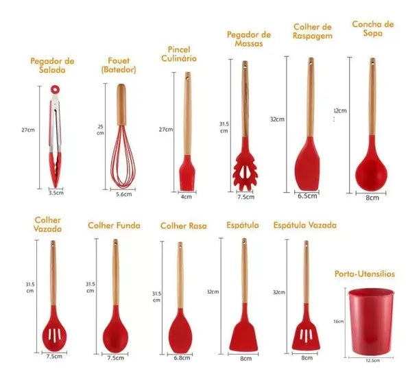 Kit 12 Peças Utensílios de Cozinha Silicone Antiaderente com Suporte